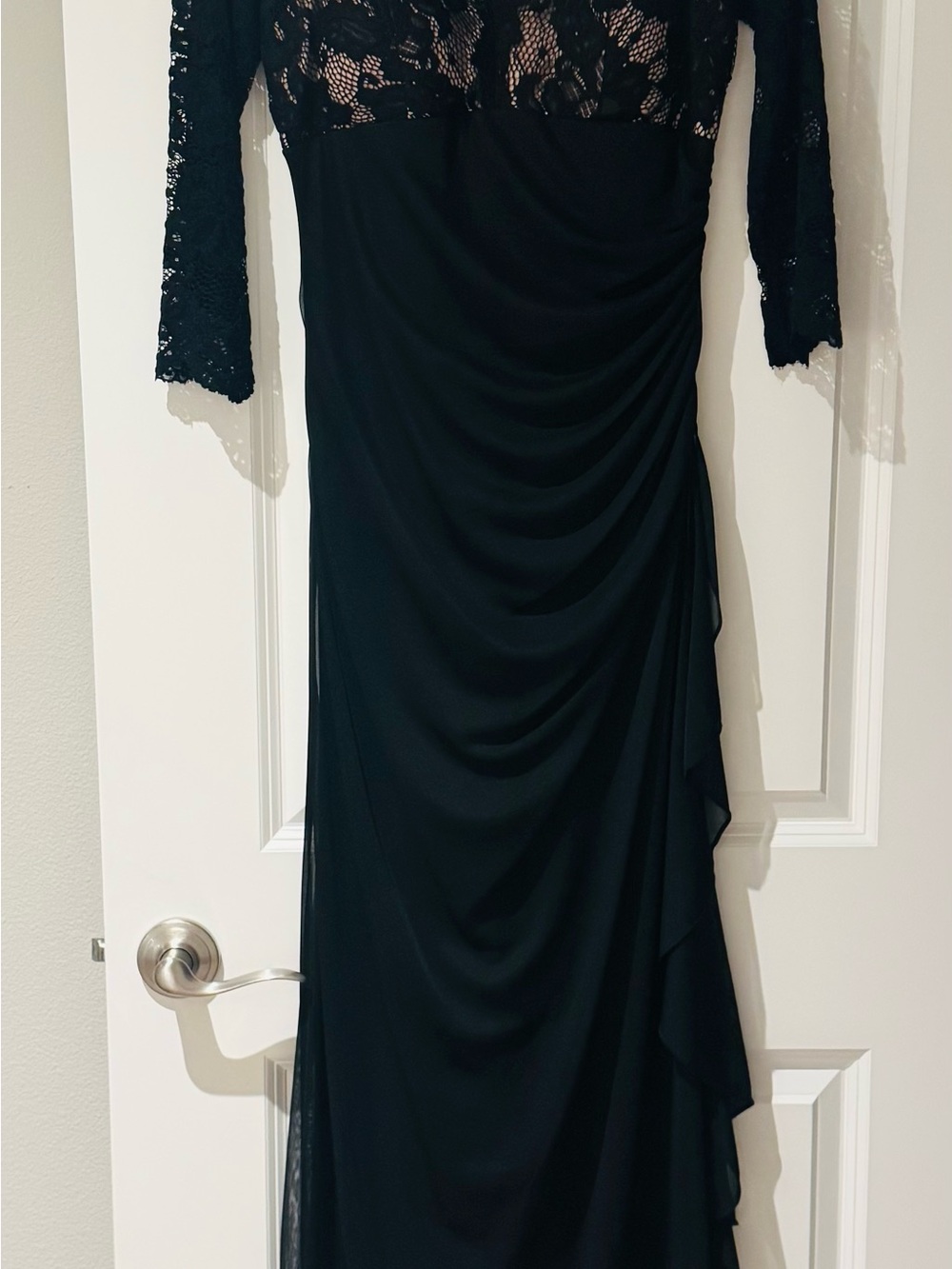 Betsy & Adam Black Lace-Detail Long Sleeve Evening Gown